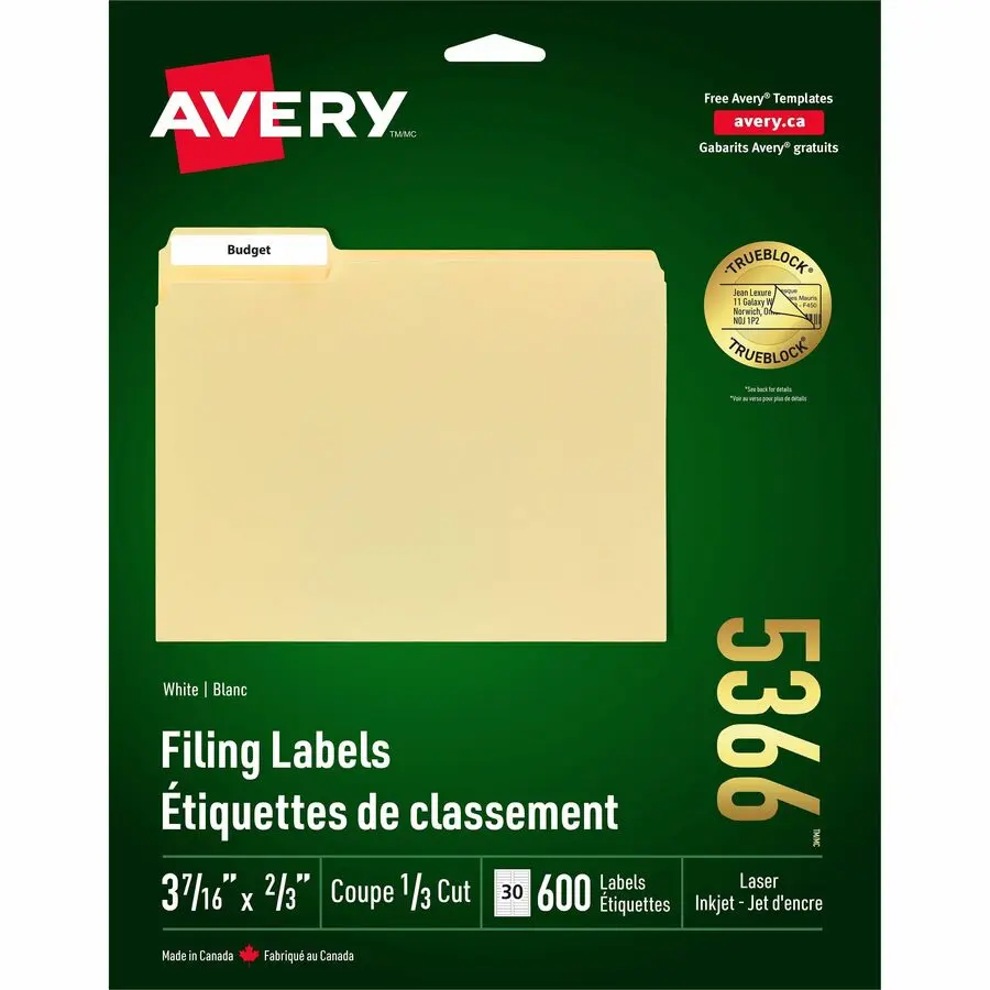 Avery® - Étiquettes de classement TrueBlock™   3-½ x 2/3  CHEM/600/Blanc