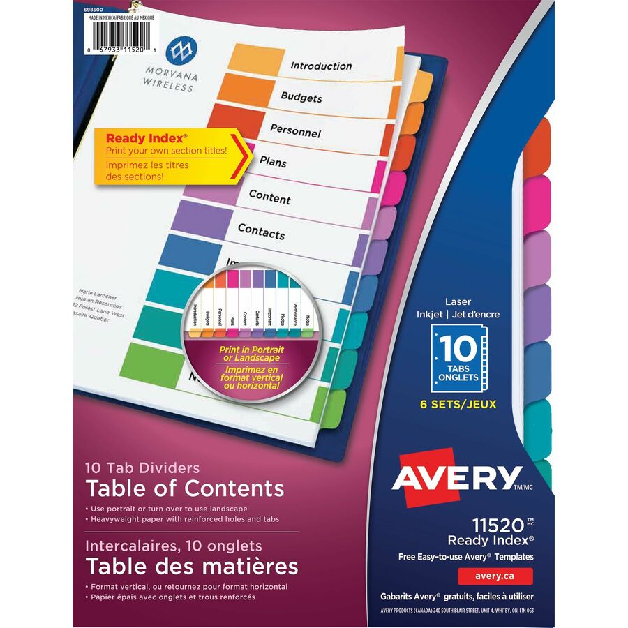 INTERCALAIRE INDEX READY 10 ONGLETS DE COULEUR 6 ENSEMBLES