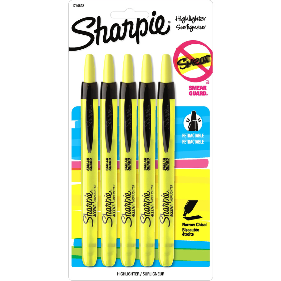 Surligneurs Sharpie fin rétractables jaunes 5/paquet