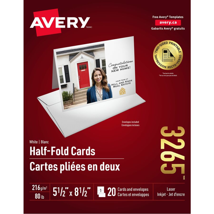 Cartes de souhaits, imprimables pliées en 2,  de Avery, Emballage/20, blanc              pour imprimante laser et jet d'encre,     inclus les enveloppes