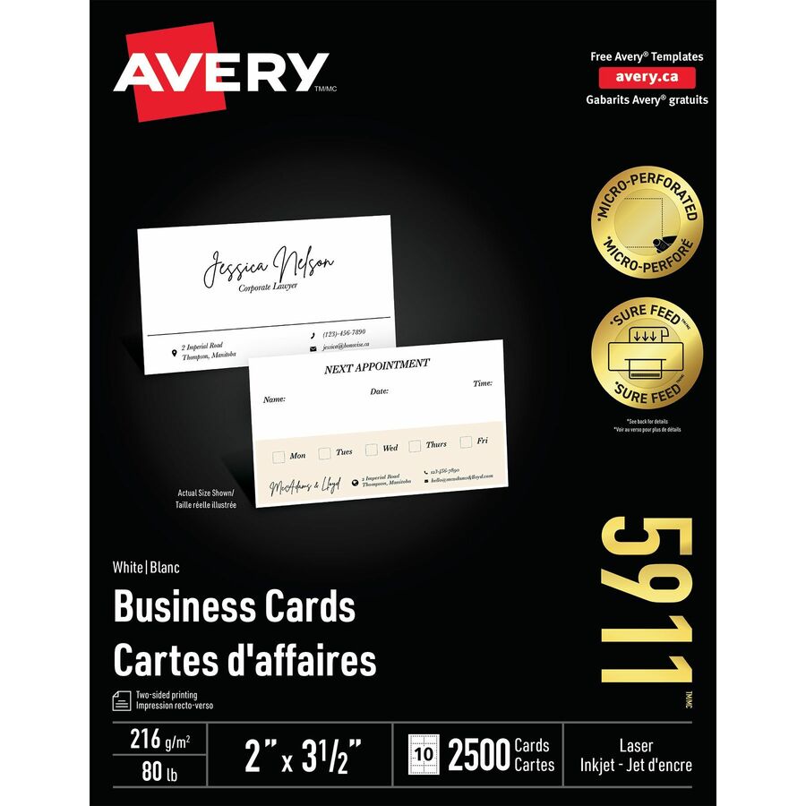 Avery® - Carte d'affaires 2" x 3,5" Bte/2500 blanche