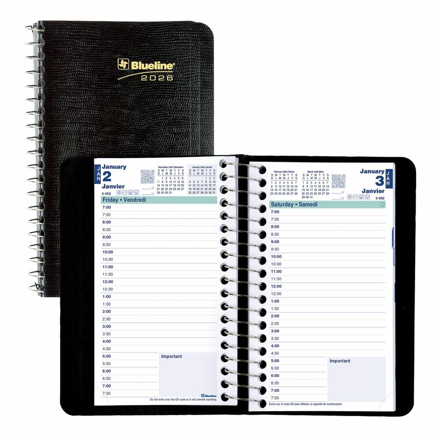 Blueline - Agenda quotidien format de poche Essential, 6 po x 3-1/2 po, bilingue, noir