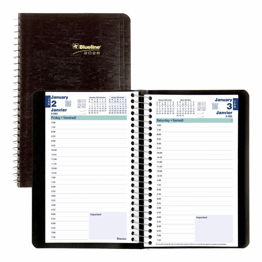 Blueline - Agenda quotidien format de poche Essential, 6 po x 3-1/2 po, bilingue, noir