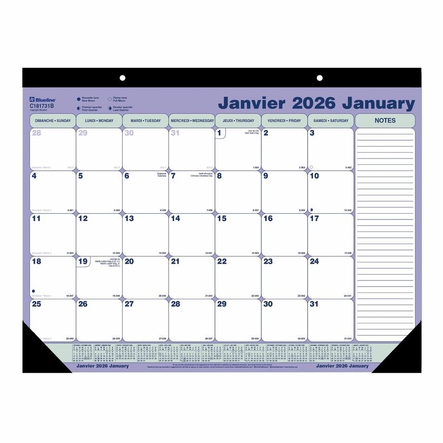 Blueline - Calendrier sous-main mensuel, 21-1/4 po x 16 po, bilingue