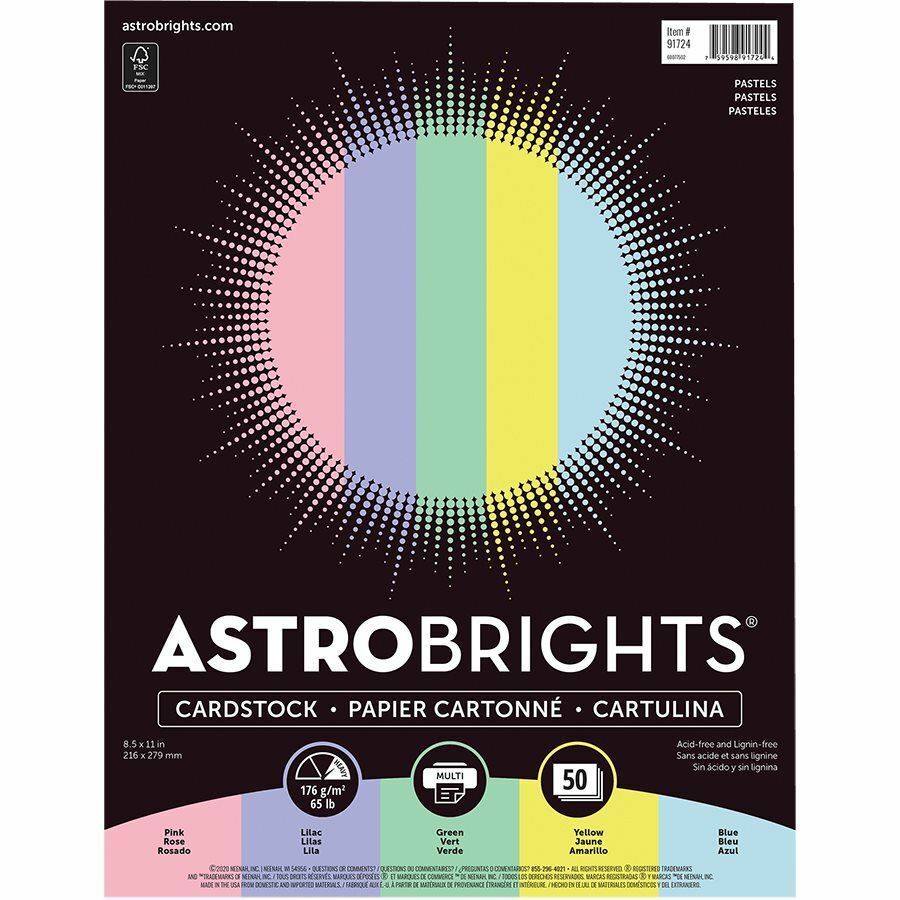 Carton couverture 65 lb - Astrobrights      8-1/2 x 11 Pqt/50 Couleurs pastel assorties format lettre                                                    pour imprimante laser ou jet d'encre