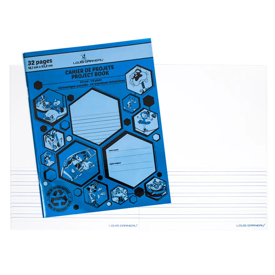 Cahier de projet 32 pages ½uni / ½ interligné et pointillé  Bleu