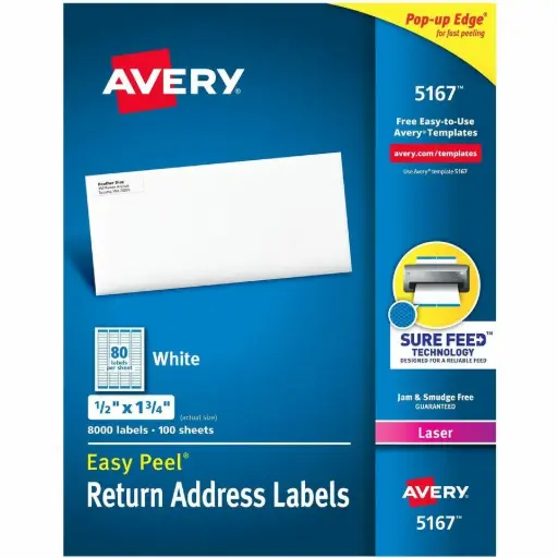 [05167] Avery® - Étiquettes rectangulaires blanches avec technologie Sure Feed  1/2X1-3/4     8000 / boîte