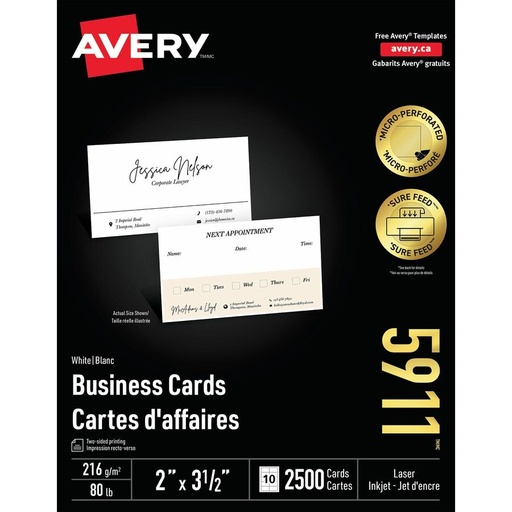 [5911] Avery® - Carte d'affaires 2" x 3,5" Bte/2500 blanche