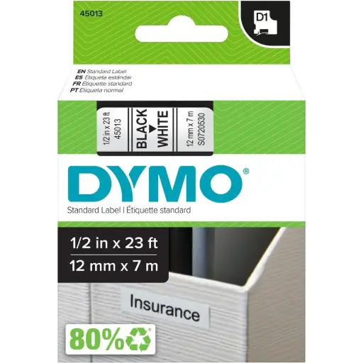 [N45013] Dymo - Cartouche de bande électronique D1 (noir sur blanc) 12MM 