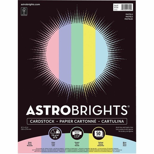 [NEEAB91724] Astrobrights - Papier couverture 65 lb 8-1/2 po x 11 po Couleurs pastel assorties  Pqt/50 