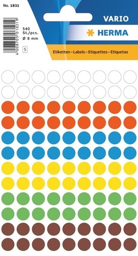 [H1831] HERMA Étiquettes rondes VARIO Ø 8 mm, assorti